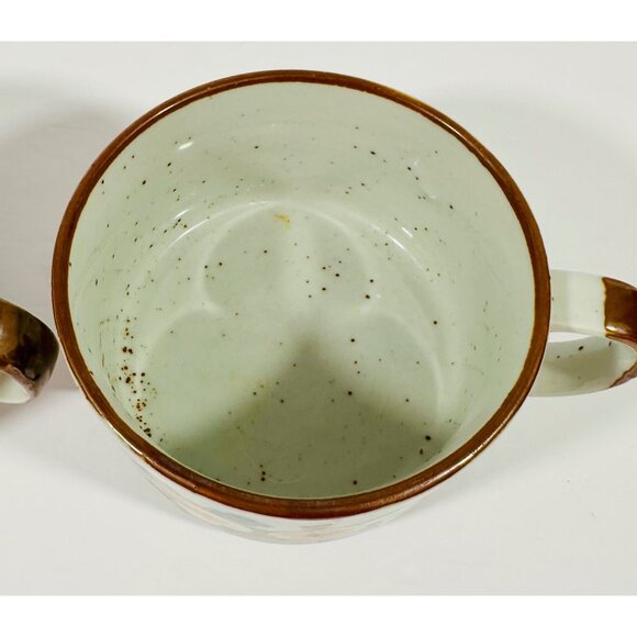 Vintage Korean Ceramic Stoneware Soup Mugs Floral Design Hand-Painted Brown & Wh - Picture 9 of 15